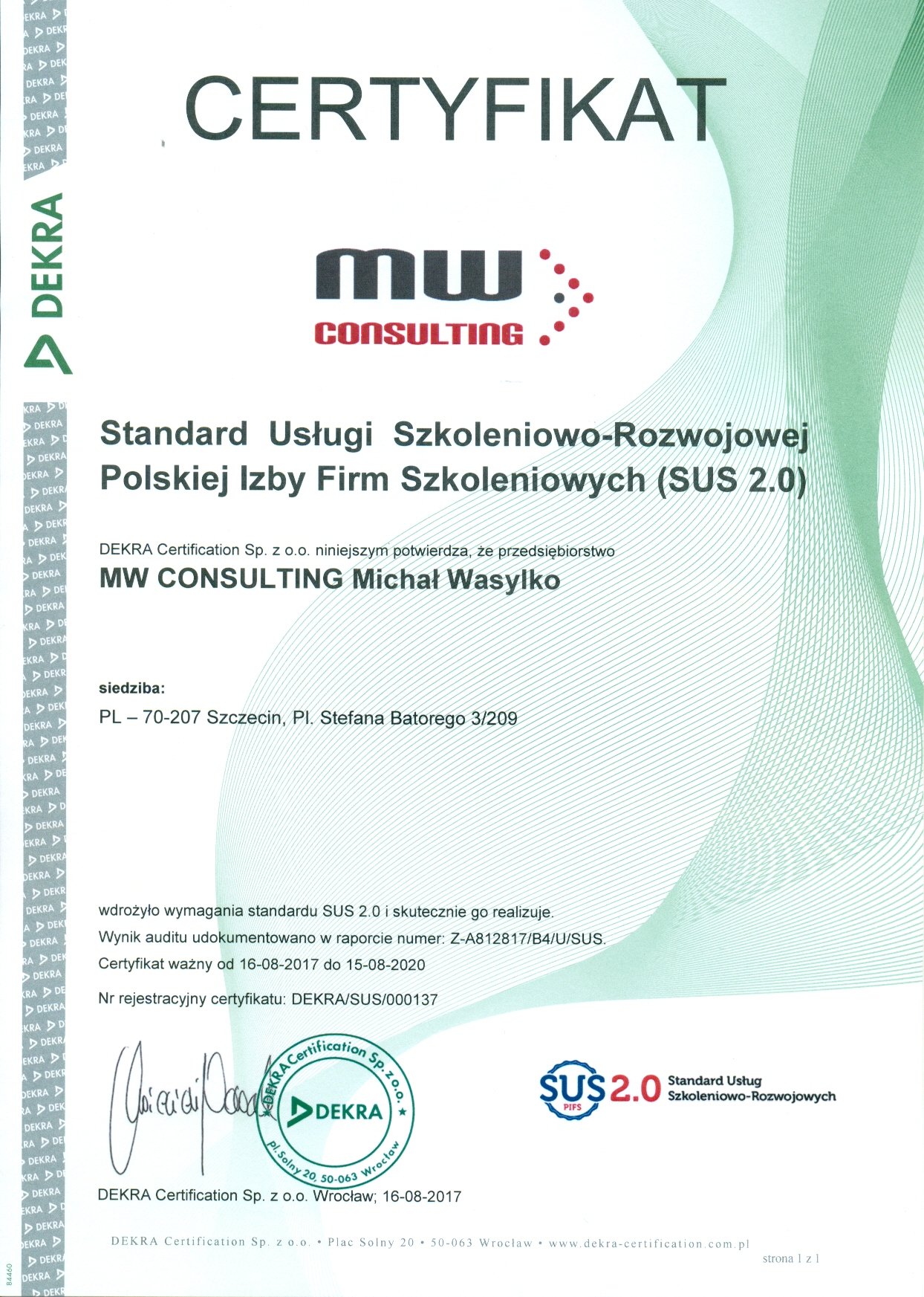 Certyfikat standardu SUS 2.0